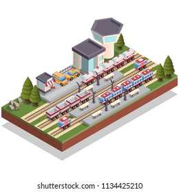 Railway Station. Isometric. Isolated on white background. Vector illustration.
