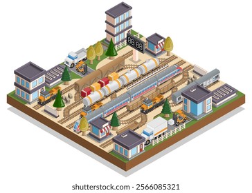 Railway station. Isometric. Isolated on a white background. Vector illustration.