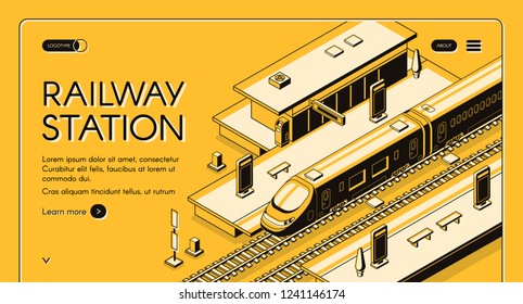 Railway station isometric vector web banner with high-speed express train stopping to picking up passengers line art illustration. Modern city transport infrastructure. Travel company landing page