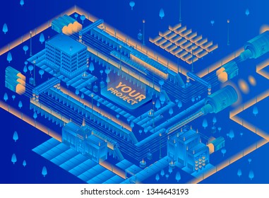 Railway station in isometry. Great concept banner. Modern colors. Station of the future. People waiting on the platform. Solar panels. Bright blue colors.