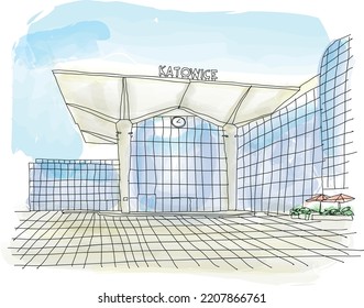 railway station in katowice. poland, watercolor illustration for calendar, poster, post card, social media post