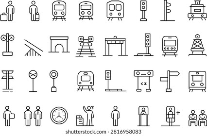 Railway station line icons set, train travel symbols, metro transport signs, passenger elements, minimal stroke design, vector illustration
