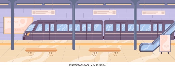 Railway station or metro, empty interior with benches to sit and wait. Train transportation and traveling, speedy commuting. Flat cartoon, vector illustration