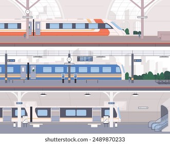 Railway station, metro station, stop for public transport on tracks. Transportation of passengers by train. City municipal buildings. Vector illustration