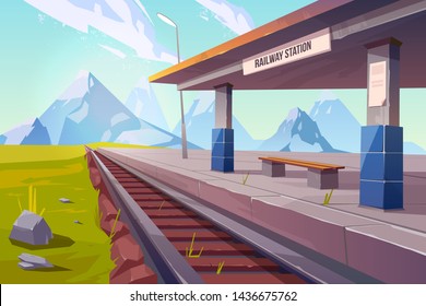 Railway station at mountains, empty railroad platform for train in highland countryside area perspective view, beautiful nature landscape background, public transportation. Cartoon vector illustration