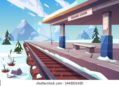 Railway station at mountains winter snowy landscape, empty railroad train platform in highland countryside area perspective view, nature background, public transportation. Cartoon vector illustration