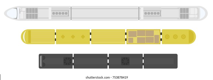 Railway station on a white background. Set of trains. View from above. Cartoon flat style vector illustration.