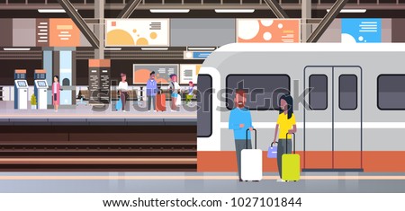 Railway Station With People Passengers Going Off Train Holding Bags Transport And Transportation Concept Vector Illustration