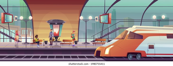 Railway station with people waiting train on platform. Vector cartoon interior of city subway waiting terminal with benches, schedule, locomotive on railroad and passengers