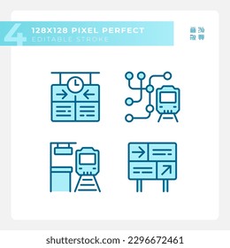 Railway station pixel perfect blue RGB color icons set. Train platform. Rail travel. Transport system. Isolated vector illustrations. Simple filled line drawings collection. Editable stroke