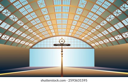 Railway station platform. Empty station interior. Passenger carriages tourism. Cartoon vector illustration