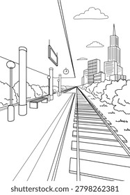 Railway station platform graphic train sketch vertical illustration vector 