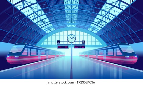 Railway station platform with modern high speed trains and a clock. Neon style. Cartoon vector illustration.