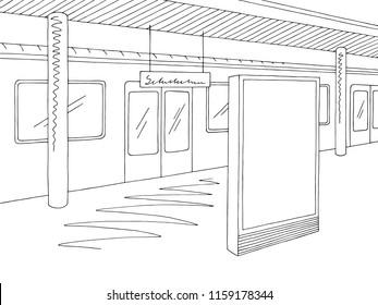 Railway Station Platform Train Billboard Graphic Black White Sketch Illustration Vector