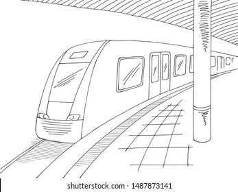 Railway station platform train graphic black white sketch illustration vector
