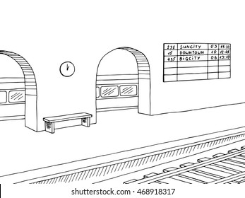 Railway station platform train graphic black white sketch illustration vector