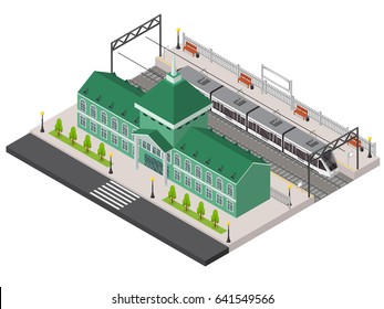 Railway Station, Platform and Train Isometric Exterior Building Transportation Terminal Travel Concept. Vector illustration