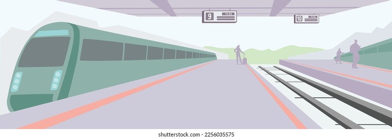 Railway Station, Platform with Train and People Silhouettes Waiting. Railroad Transportation, Commuter City Transport, Locomotive on Urban Rail Road Platform. Cartoon Vector Illustration