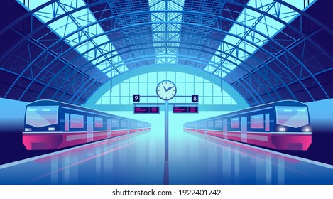 Railway station platform with trains and a clock Neon style. Cartoon vector illustration.
