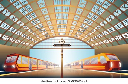 Railway station platform with trains and clock. Empty station interior with retro style train. Passenger carriages tourism. Cartoon vector illustration