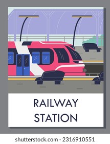 Estación de tren, plataforma. Ilustración vectorial del interior vacío de la terminal de espera del metro con locomotora en ferrocarril en estilo de diseño de doodle plano.