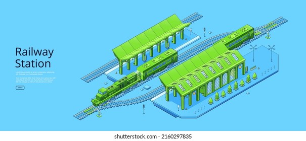 Railway Station Poster With Isometric Rail Track, Train And Platform. Vector Banner Of Train Transportation Infrastructure With Empty Modern Station, Locomotive With Carriage