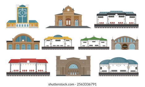 Railway station retro and modern public platform for train transportation set vector flat illustration. Railroad passenger waiting terminal departure building exterior express trip movement