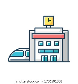 Railway station RGB color icon. Bullet train arrive to platform. Public transportation construction. Railroad access building. Fast rapid transit junction. Isolated vector illustration