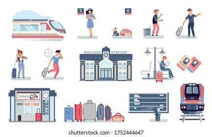 Estación de ferrocarril con iconos planos de trenes y personas en plataformas con boletos y ilustración vectorial de equipaje