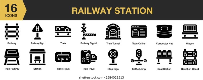 Railway Station solid icon set. Includes station, railroad, railway, transportation, train, and More. Solid icons vector collection.