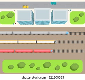 Railway station top view with trains set, buildings, road, cars, people, vector illustration