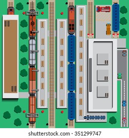 Railway station top view with trains. Vector illustration. Applique with realistic shadows.