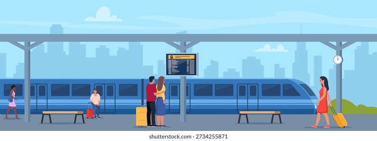 Railway station. Train and passengers. Modern city infrastructure. Trip and travel. Transport at railroad in sunny day.