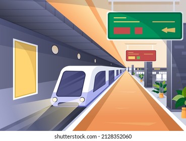 Railway Station With Train Transport Scenery, Platform For Departure And Underground Interior Subway In Flat Background Poster Illustration