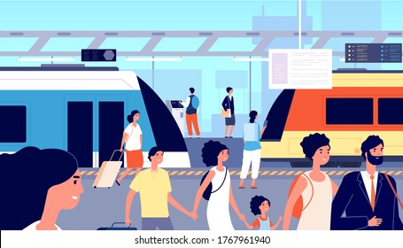 Railway Station. Trains Transport, City Tourism And Traveller. Crowd With Suitcases On Commuter Train Or Subway Platform Vector Illustration