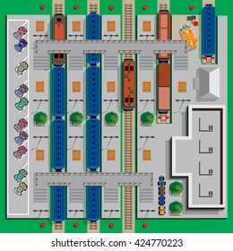 Railway Station with trains. View from above. Vector illustration.