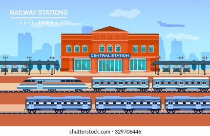 Railway station, vector flat background illustration