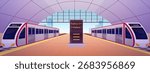 Railway station vector flat illustration. Empty subway station interior with modern high speed trains and platform, schedule billboard. Metro transport. Metropolitan tunnel railroad infrastructure