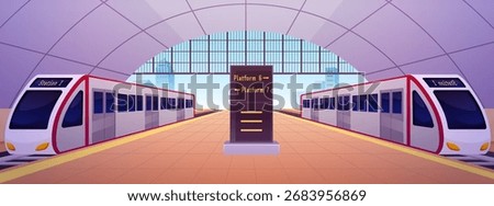 Railway station vector flat illustration. Empty subway station interior with modern high speed trains and platform, schedule billboard. Metro transport. Metropolitan tunnel railroad infrastructure