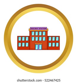 Railway station vector icon in golden circle, cartoon style isolated on white background