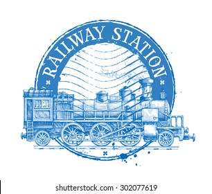 railway station vector logo design template. Shabby stamp or passenger train, steam locomotive icon