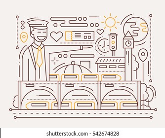 Railway station - vector modern simple line flat design city composition with station master