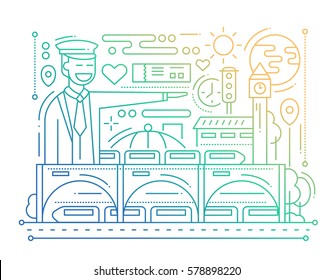 Railway station - vector modern simple line flat design city composition with station master - color gradient