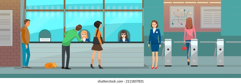 Railway station waiting hall, cashier ticket office and checkpoint of subway. Transporting people in underground vehicle. Sale of public transport passes concept. Passengers pass checkpoint, checkout