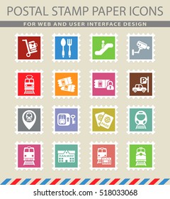 railway station web icons on the postage stamps
