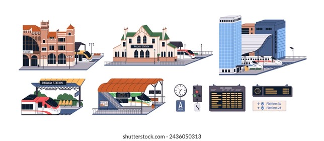 Railway stations set. Train, railroad transport, modern and old terminal building exteriors, arrival platforms, rail road schedule board, clock. Flat vector illustrations isolated on white background