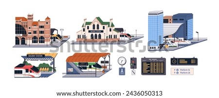Railway stations set. Train, railroad transport, modern and old terminal building exteriors, arrival platforms, rail road schedule board, clock. Flat vector illustrations isolated on white background