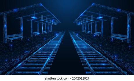 Railway stopping platforms. Train waiting point. Polygonal construction of interconnected lines and points. Blue background.
