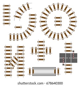 Railway Structural Elements. Top View Railroad Tracks Vector Set. Rail Road And Track Way For Train Illustration