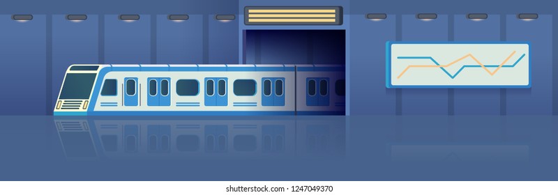 Railway subway or metro train in tunnel moving on station. Passanger modern electric high-speed train. Underground public transport. Vector flat style illustration.